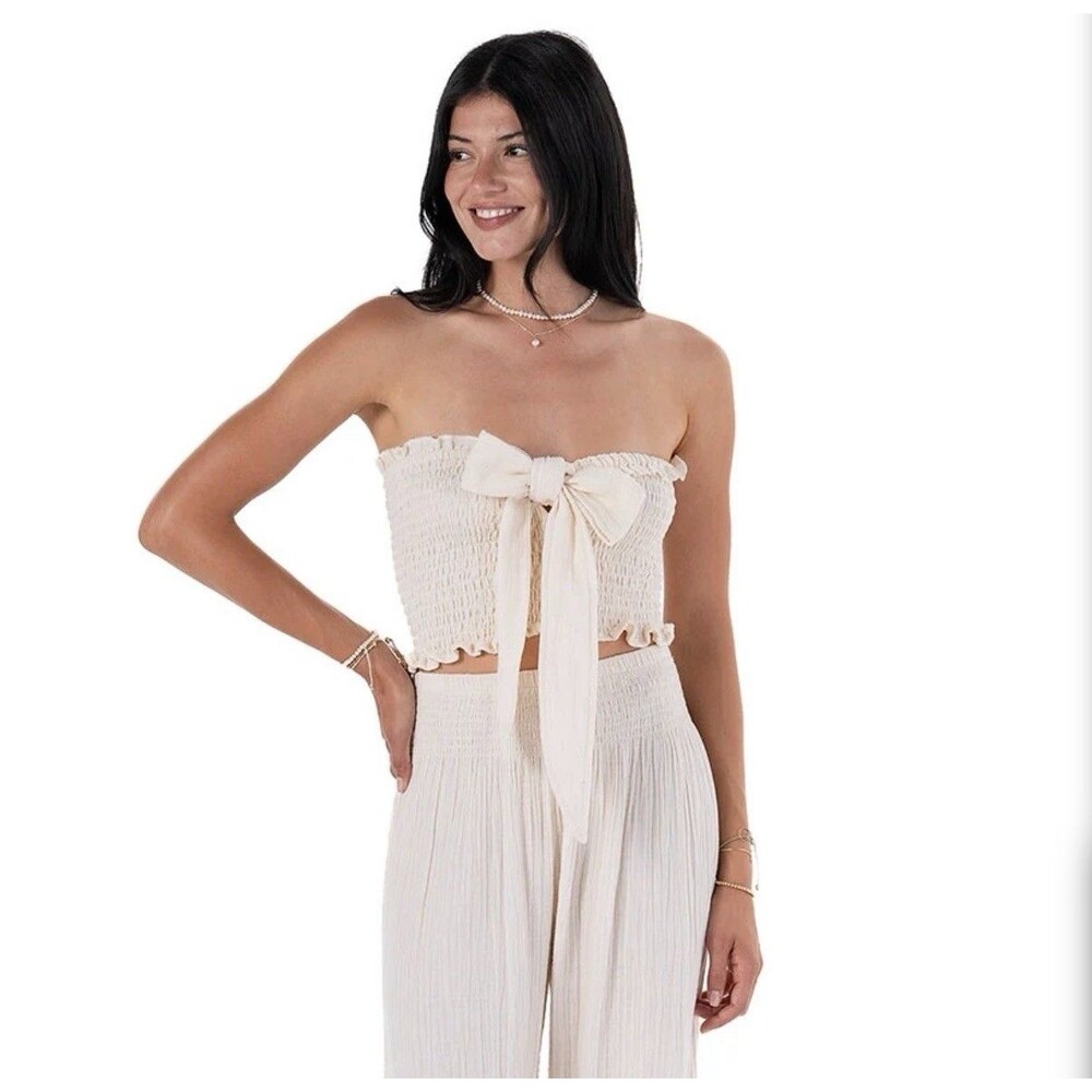 Lotus And Luna Cream Zanzibar Crop Top Convertible One Size Stretch Smocked NWT